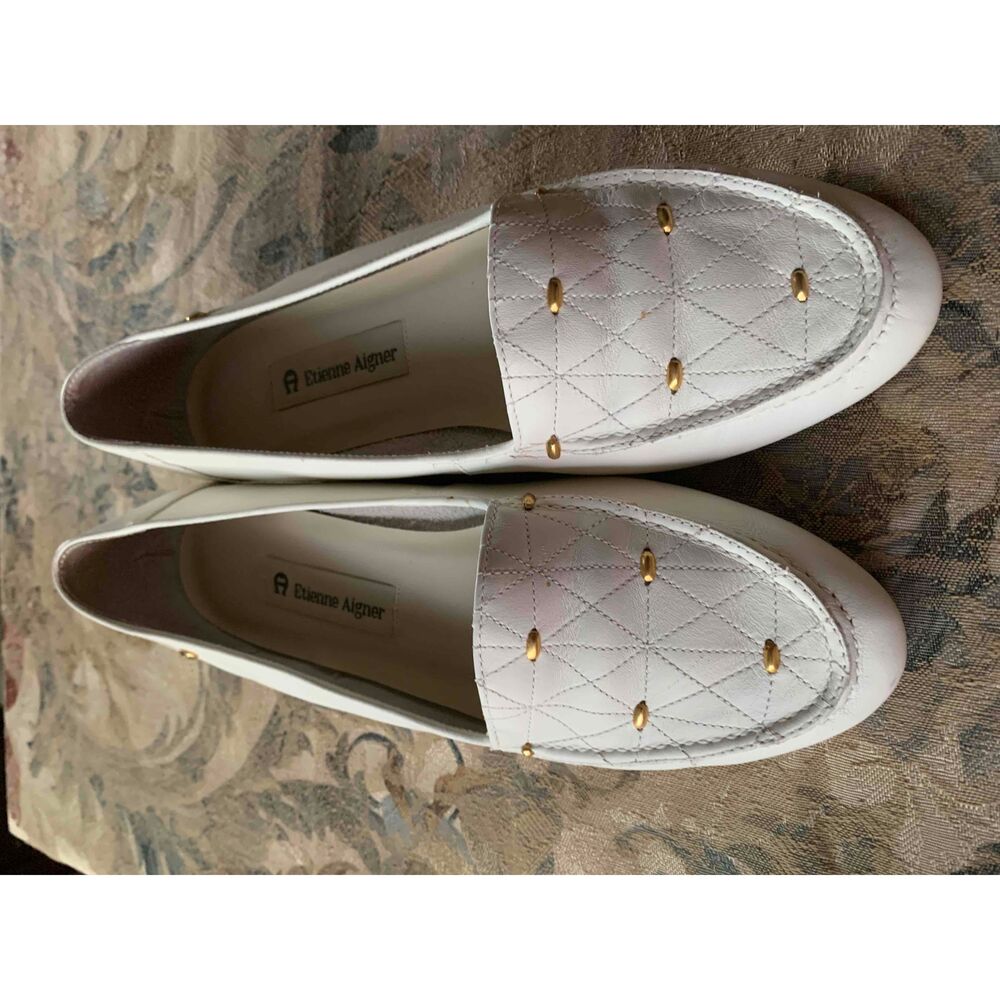 Etienne Aigner White Leather Loafers Gold Diamond Pattern Size 9 Narrow